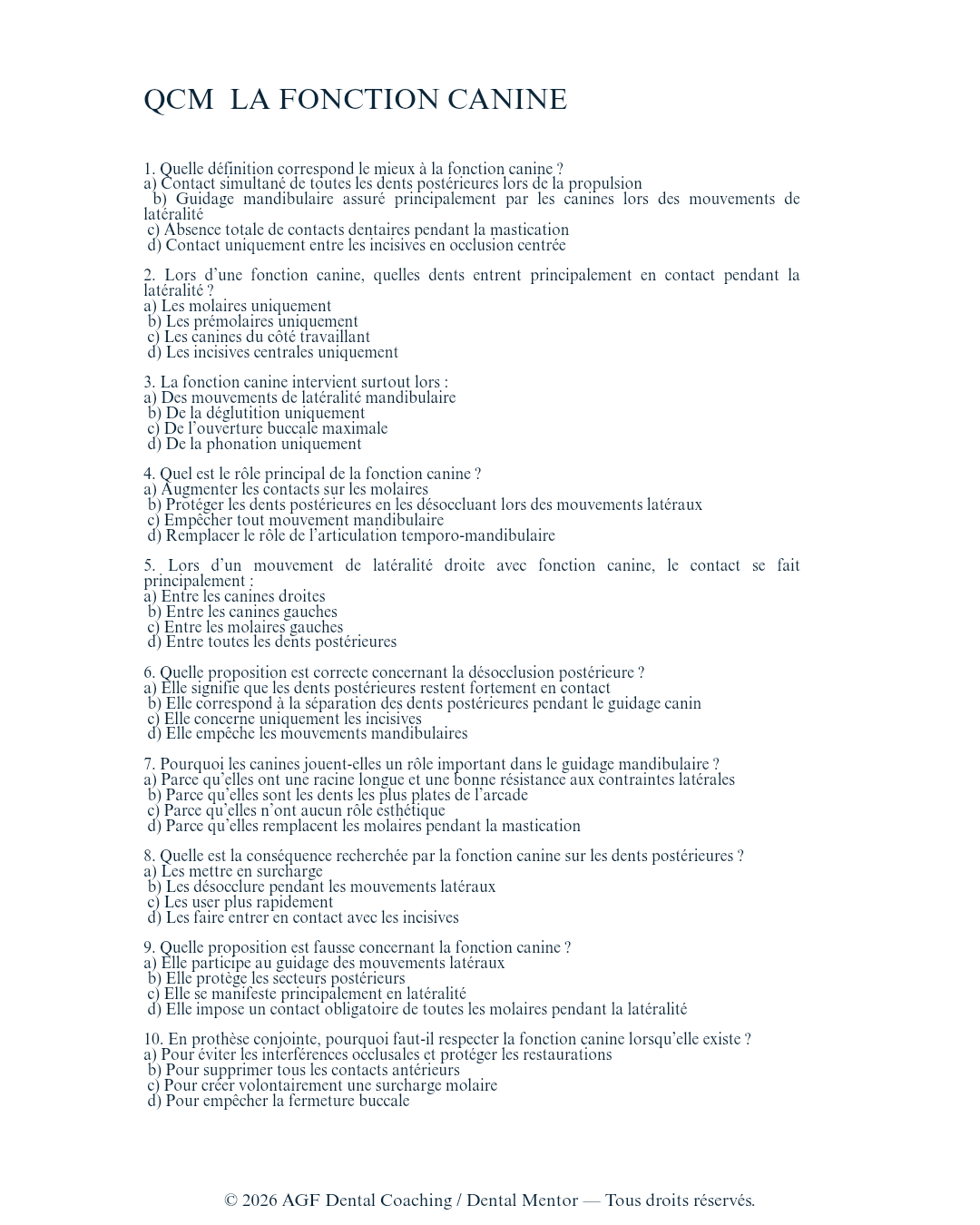 Cahier de QCM en prothèse dentaire