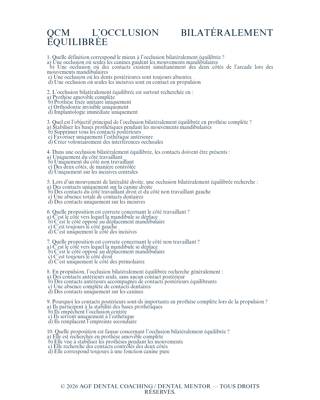 Cahier de QCM en prothèse dentaire